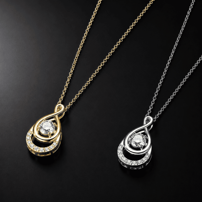 glamavera-elyenne-pendant-gold-silver-comparison GLAMAVERA Elyenne Pendant 1CT moissanite infinity necklace in gold and silver shown side by side