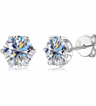 GLAMAVERA Fenroe Studs – Silver Side View Fenroe Studs moissanite earrings in 925 sterling silver shown from the front and side