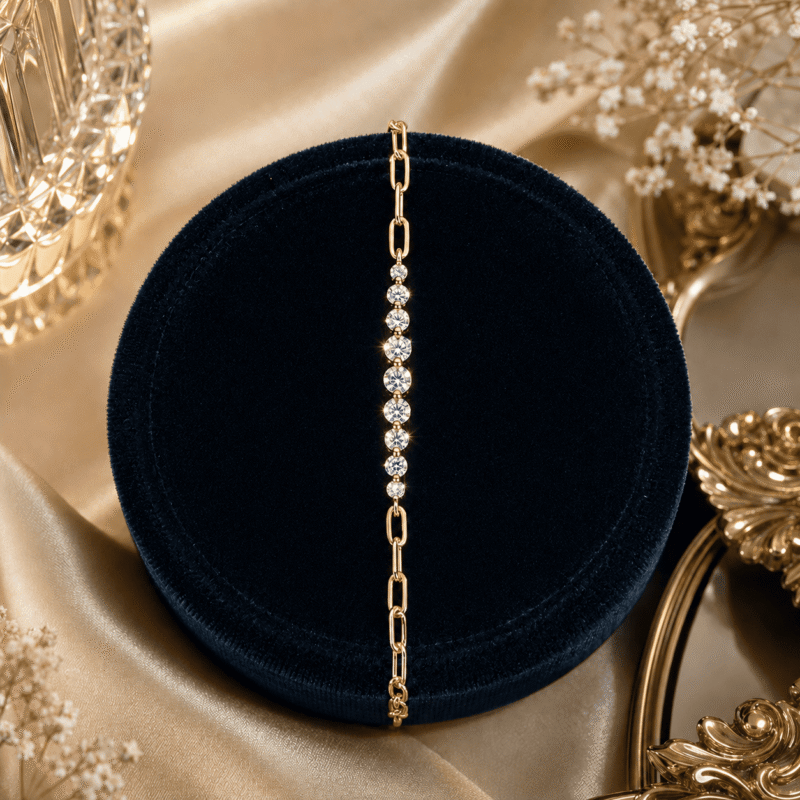 glamavera-kessane-bar-bracelet-gold-luxury-display GLAMAVERA Kessane gold-plated moissanite tennis bracelet displayed on a navy velvet jewellery stand