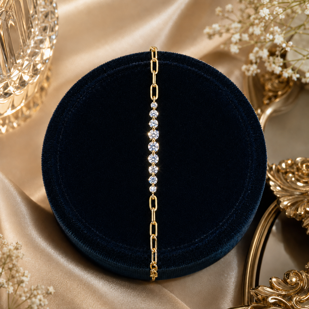Gold-tone stone bracelet on a dark luxury display