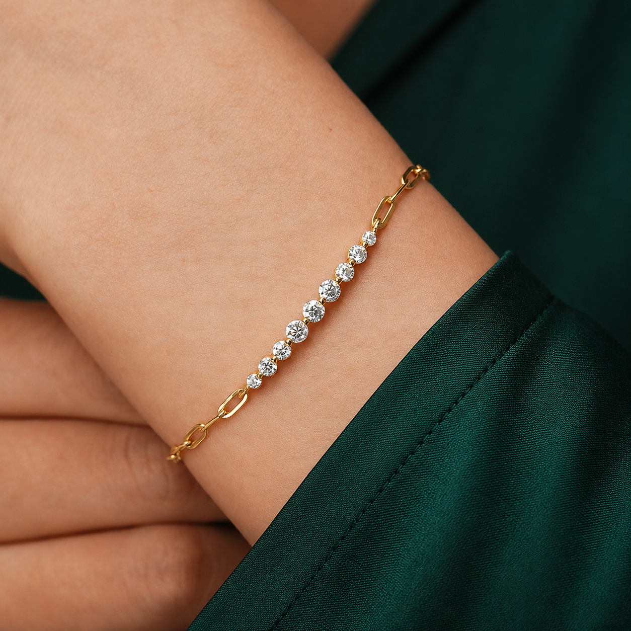 Kessane luxury moissanite bar bracelet worn on wrist in 14K gold-plated 925 sterling silver