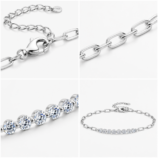 Details of the GLAMAVERA Kessane silver moissanite bracelet showing the clasp, links, stones and full design