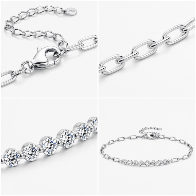Details of the GLAMAVERA Kessane silver moissanite bracelet showing the clasp, links, stones and full design