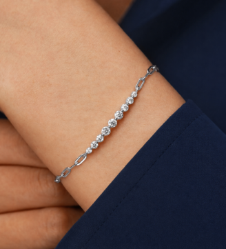 glamavera-kessane-bar-bracelet-silver-on-wrist GLAMAVERA Kessane Bar Bracelet in 925 sterling silver worn on the wrist with a navy sleeve
