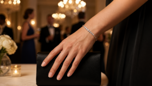 Gold-tone Kessane moissanite tennis bracelet styled on the wrist