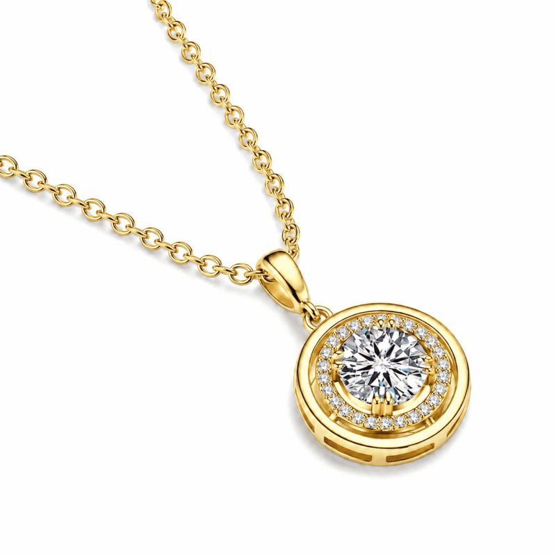 Angled close-up of the gold Lyrane Halo Pendant Necklace by GLAMAVERA with a brilliant center moissanite and halo