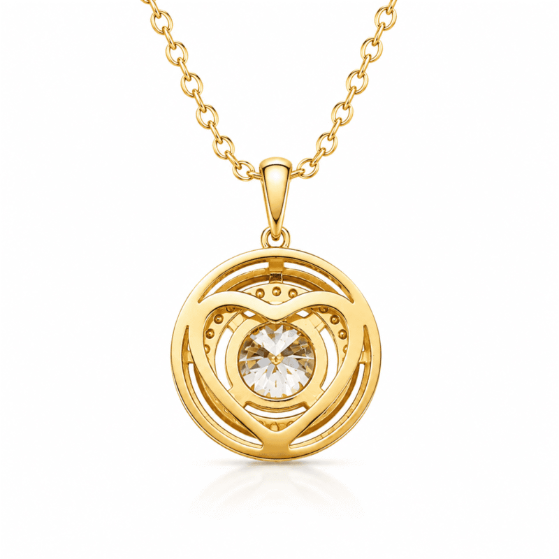 Back view of the gold Lyrane Halo Pendant Necklace by GLAMAVERA, showing the openwork design and center moissanite