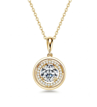 Front view of the gold Lyrane Halo Pendant Necklace by GLAMAVERA with a round moissanite center and pavé halo