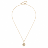 Full-length view of the gold Lyrane Halo Pendant Necklace by GLAMAVERA with an adjustable fine chain