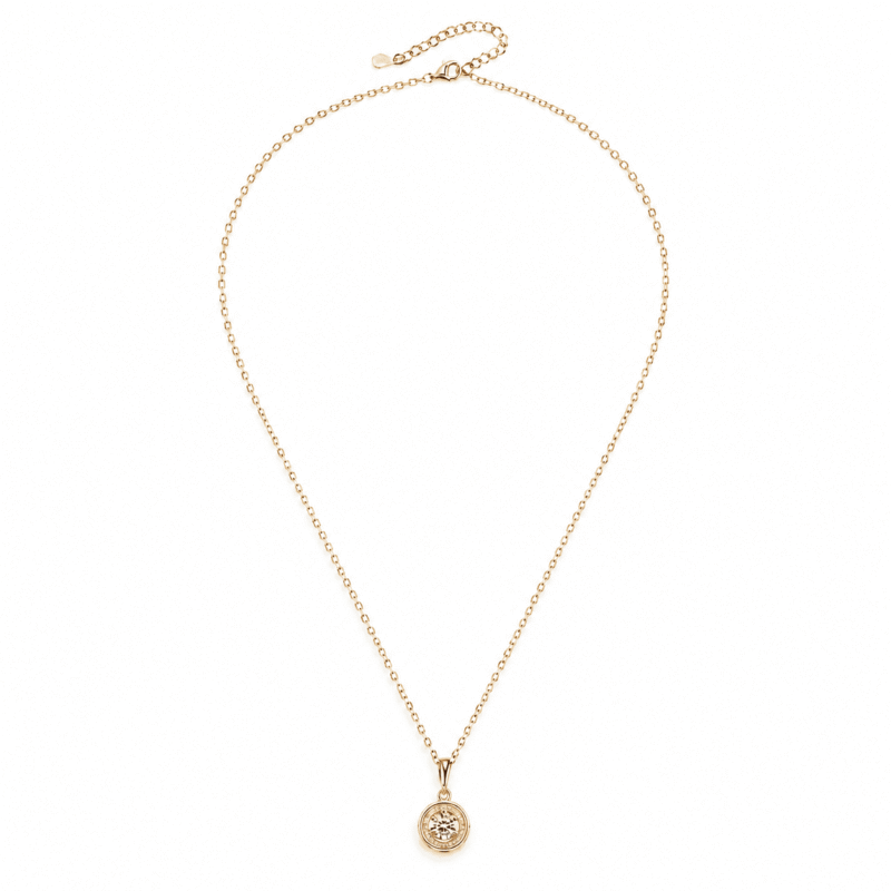 Full-length view of the gold Lyrane Halo Pendant Necklace by GLAMAVERA with an adjustable fine chain