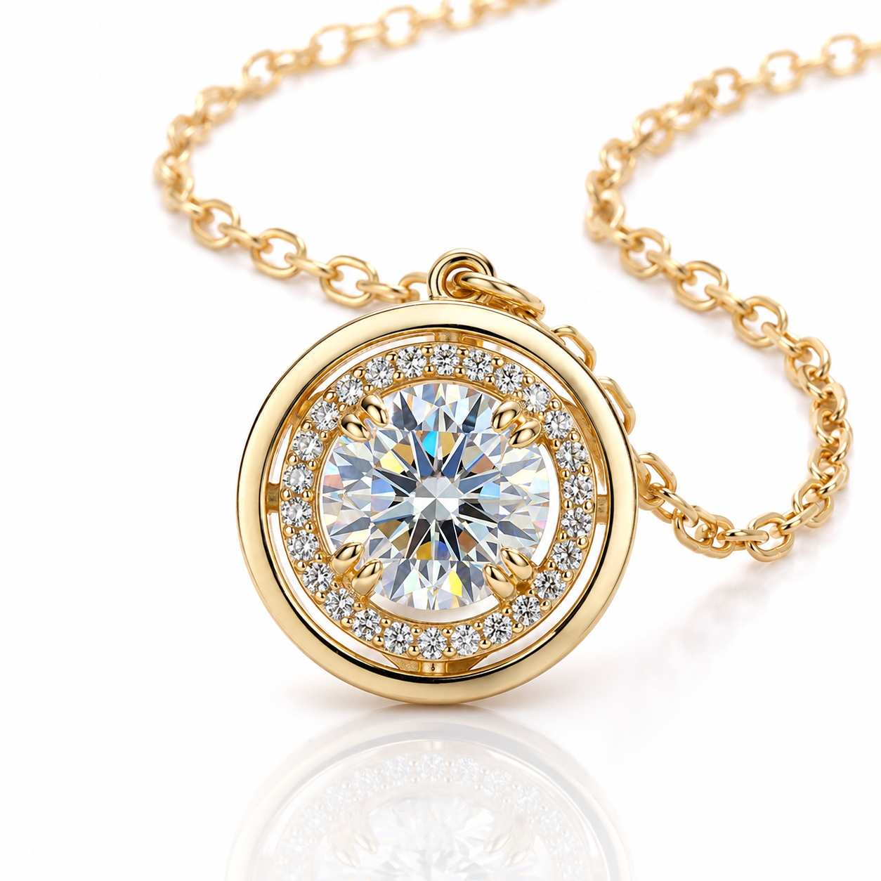Lyrane luxury moissanite halo pendant necklace macro detail in 925 sterling silver