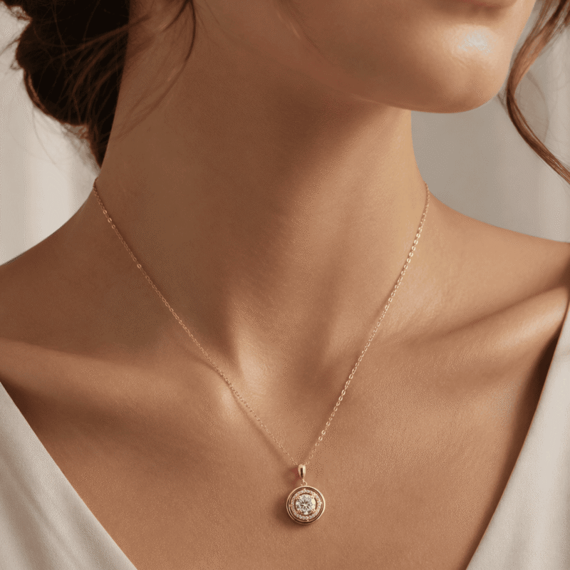 Woman wearing the gold Lyrane Halo Pendant Necklace by GLAMAVERA with an elegant neutral outfit