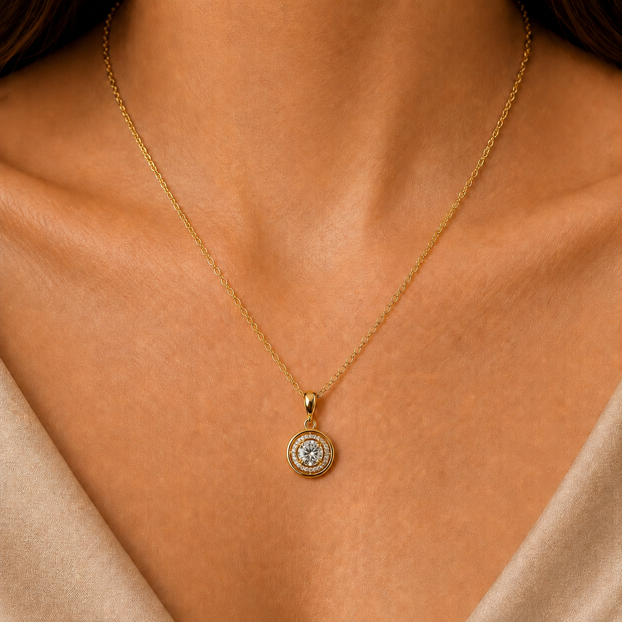 Lyrane luxury moissanite halo pendant necklace gold neck closeup
