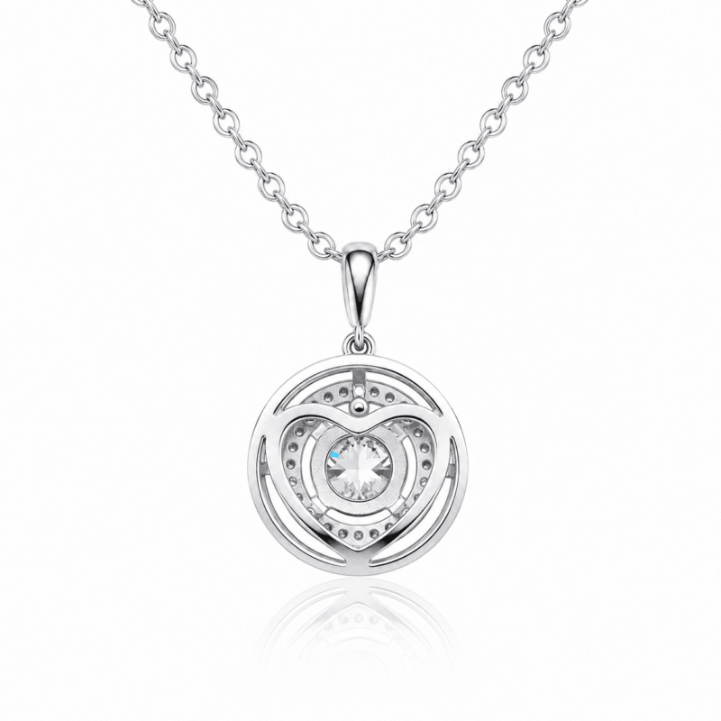 Back view of the silver Lyrane Halo Pendant Necklace by GLAMAVERA, showing the openwork design and round moissanite stone