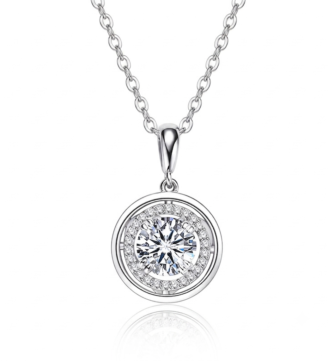 glamavera-lyrane-halo-pendant-necklace-silver-front-view Front view of the silver Lyrane Halo Pendant Necklace by GLAMAVERA with a round moissanite center and pavé halo