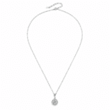 Full-length view of the silver Lyrane Halo Pendant Necklace by GLAMAVERA with an adjustable fine chain