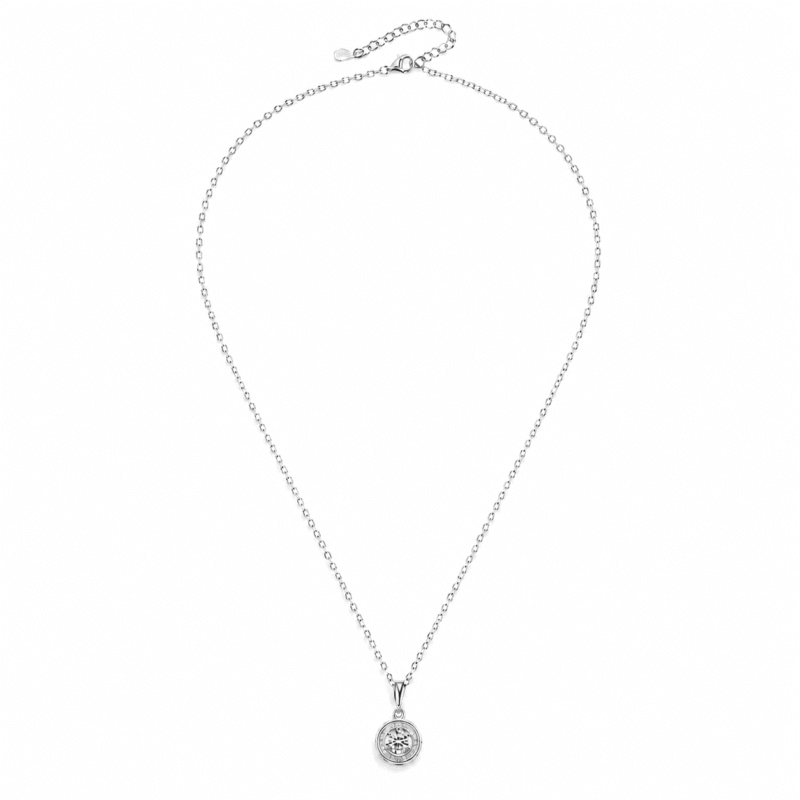 Full-length view of the silver Lyrane Halo Pendant Necklace by GLAMAVERA with an adjustable fine chain