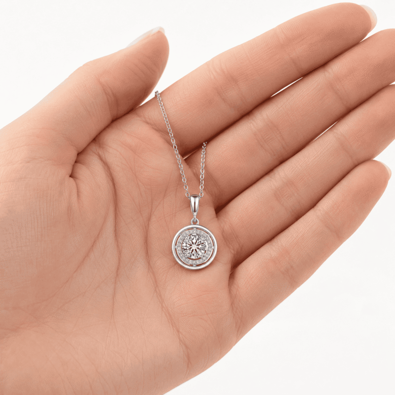 Silver Lyrane Halo Pendant Necklace by GLAMAVERA displayed in a woman’s hand to show the pendant size