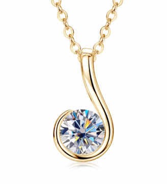 Close-up of the gold GLAMAVERA Nerine Pendant 1CT Moissanite Curl Necklace with a brilliant round moissanite on a white background.