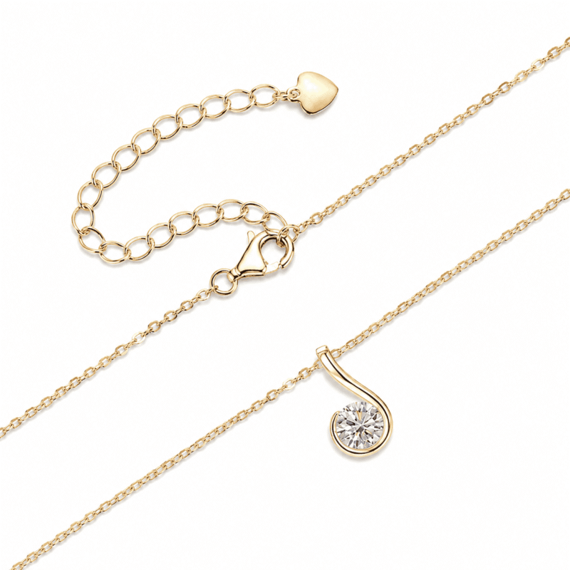 Gold GLAMAVERA Nerine Pendant 1CT Moissanite Curl Necklace displayed flat with the chain, clasp and extension links visible.