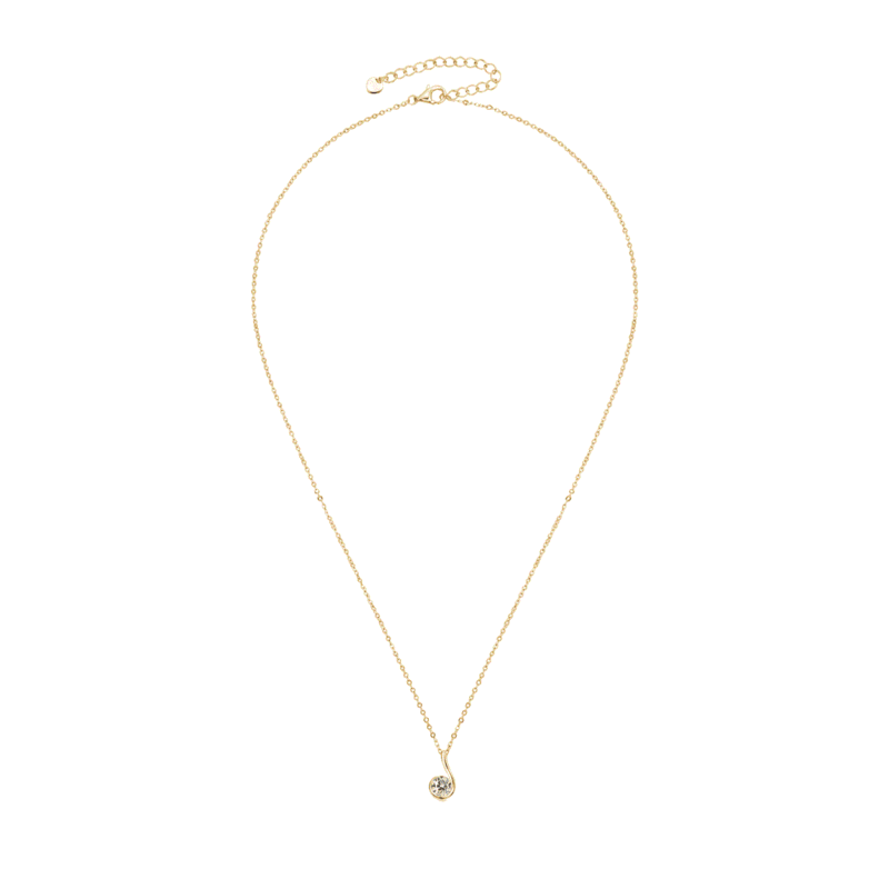 Full view of the gold GLAMAVERA Nerine Pendant 1CT Moissanite Curl Necklace with extension chain on a white background.