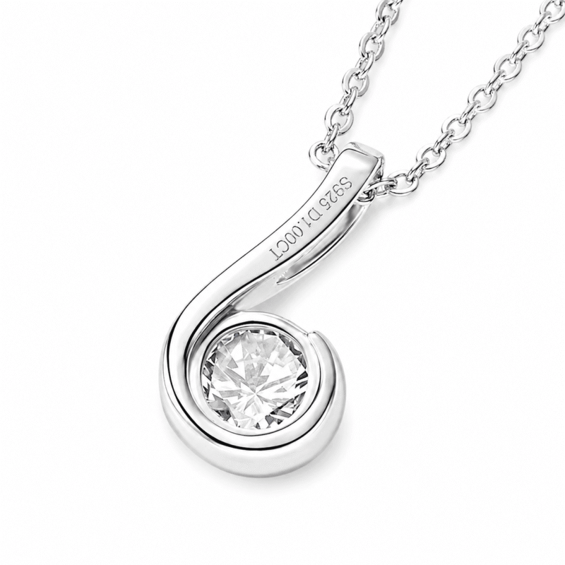 Close-up of the silver GLAMAVERA Nerine Pendant 1CT Moissanite Curl Necklace showing the S925 and D1.00CT engraving.