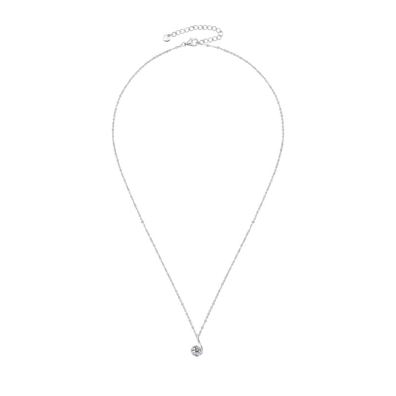 Full view of the silver GLAMAVERA Nerine Pendant 1CT Moissanite Curl Necklace with extension chain on a white background.