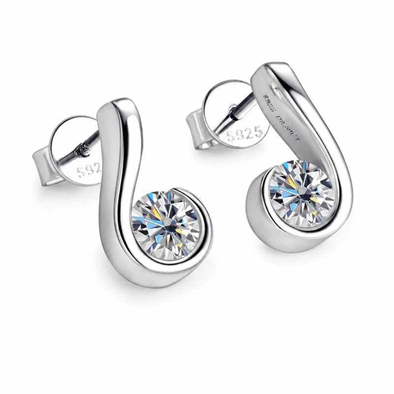 glamavera-nerine-studs-silver-angled-detail Sterling silver Nerine Studs with round moissanite stone in an angled detail view