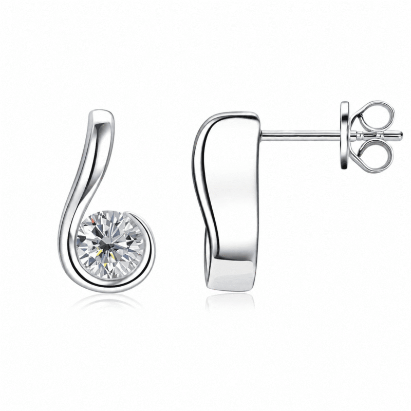 glamavera-nerine-studs-silver-front-side-view Nerine Studs moissanite curl earrings in 925 sterling silver, front and side view
