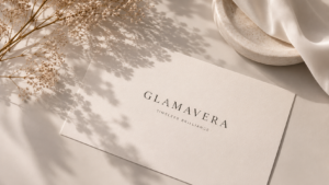 Elegant GLAMAVERA brand card with Timeless Brilliance text on a soft beige background with floral shadows