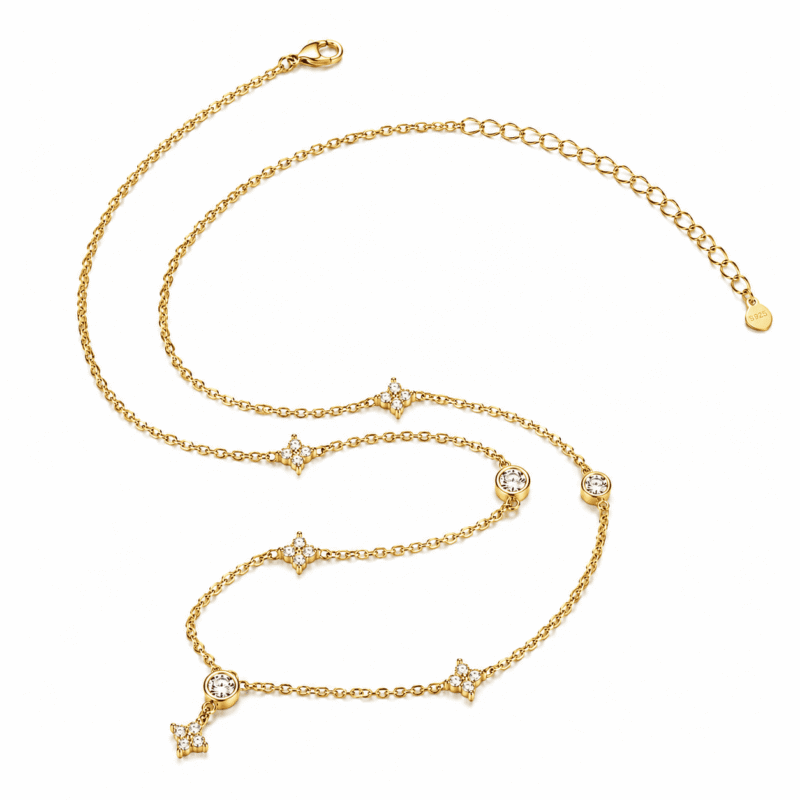 Full view of the gold Valenne Clover Choker with adjustable chain and 0.90CT moissanite details