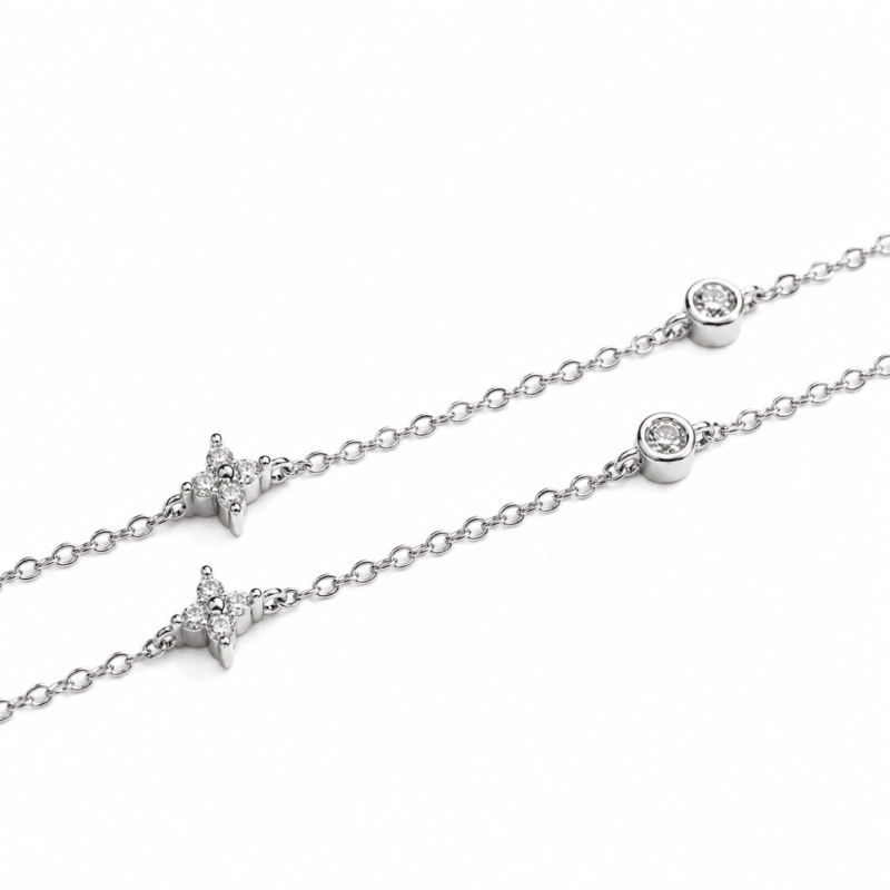Close-up of the silver Valenne Clover Choker showing moissanite bezel stations and clover motifs