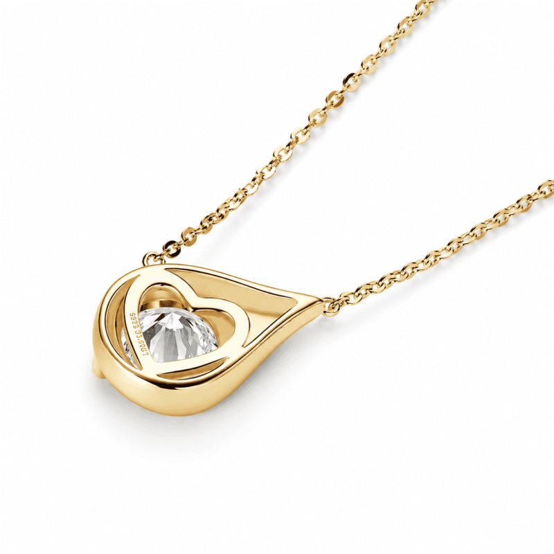 glamavera-velrose-droplet-necklace-gold-back-view Back view of the gold finish Velrose Droplet Necklace showing the open droplet setting and moissanite stone.