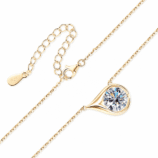Gold finish Velrose Droplet Necklace showing the moissanite pendant, lobster clasp and adjustable extension chain.