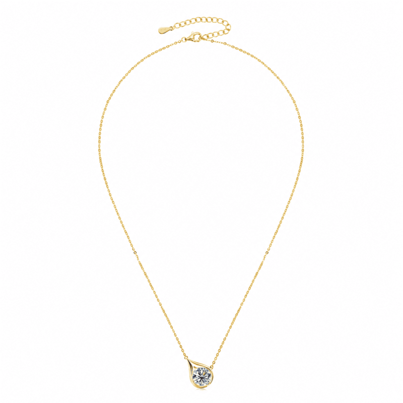 glamavera-velrose-droplet-necklace-gold-full-view Full view of the gold Velrose Droplet Necklace with an adjustable chain and round moissanite pendant.