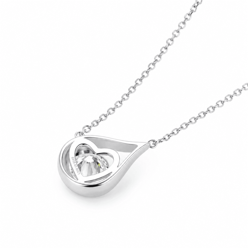 glamavera-velrose-droplet-necklace-silver-back-view Back view of the silver finish Velrose Droplet Necklace showing the open droplet setting and moissanite stone.