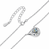 Silver Velrose Droplet Necklace showing the round moissanite pendant, lobster clasp and adjustable extension chain.