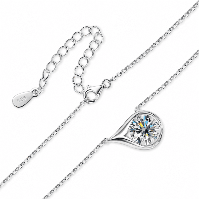 glamavera-velrose-droplet-necklace-silver-clasp Silver Velrose Droplet Necklace showing the round moissanite pendant, lobster clasp and adjustable extension chain.