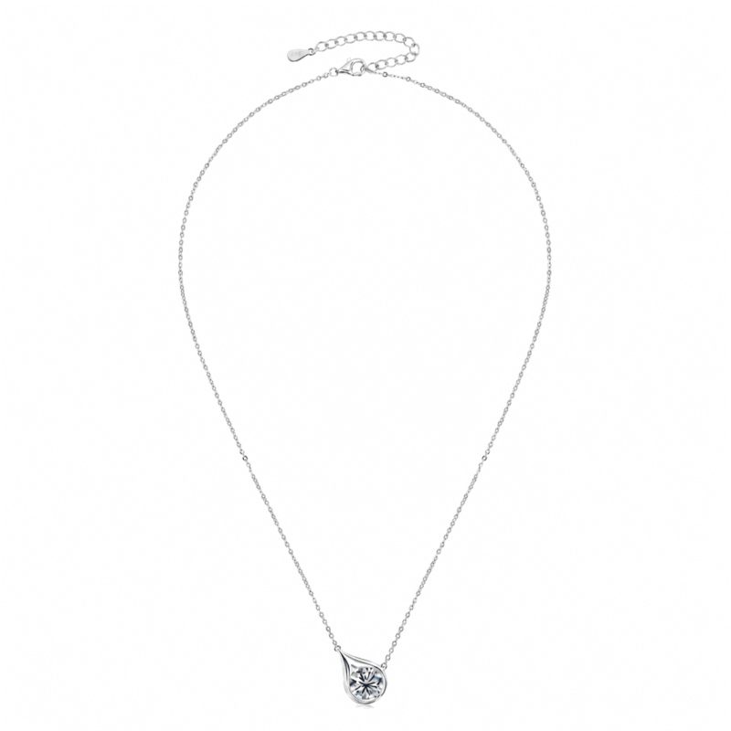 glamavera-velrose-droplet-necklace-silver-full-view Full view of the silver Velrose Droplet Necklace with an adjustable chain and round moissanite pendant.