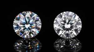 Side-by-side comparison of moissanite and diamond on a black reflective background in 16:9 format, showing moissanite's stronger rainbow fire and diamond's classic white brilliance