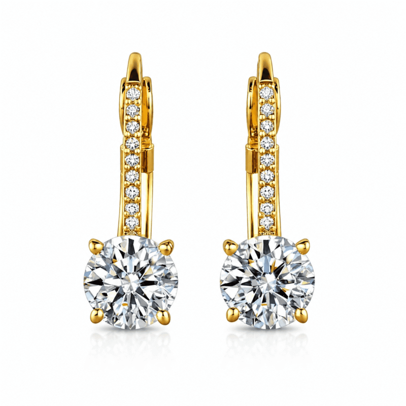 rivane-drops-gold-moissanite-earrings-front-view Front view of Rivane Drops gold-tone leverback earrings with round moissanite stones