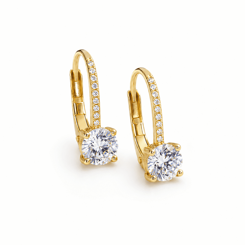 rivane-drops-gold-moissanite-leverback-earrings-pair Rivane Drops gold-tone moissanite leverback earrings in 925 sterling silver on a white background