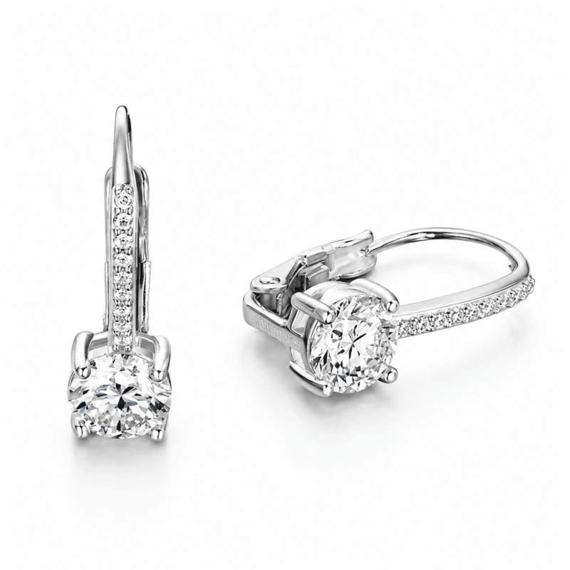 rivane-drops-silver-moissanite-earrings-angled-view Angled product view of Rivane Drops moissanite leverback earrings in polished sterling silver