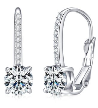 Front view of Rivane Drops silver leverback earrings with brilliant round moissanite stones