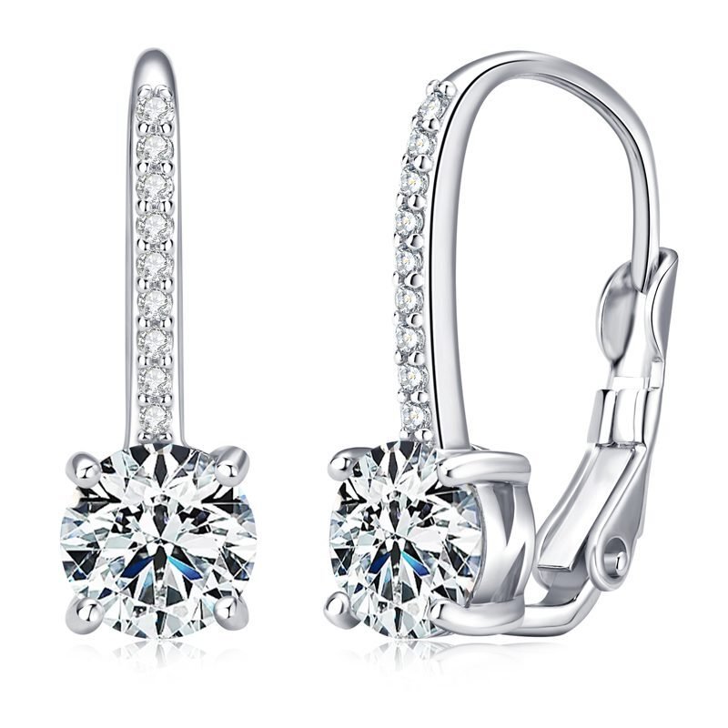 rivane-drops-silver-moissanite-earrings-front-view Front view of Rivane Drops silver leverback earrings with brilliant round moissanite stones