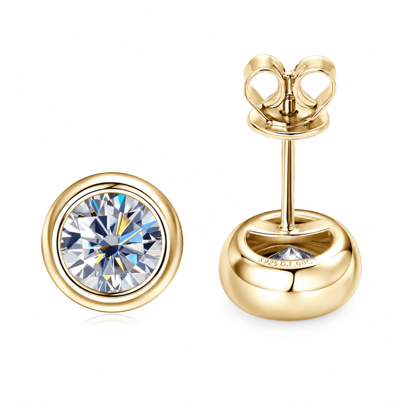 torvane-studs-gold-tone-front-and-back-detail Front and back view of Torvane gold-tone moissanite bubble stud earrings