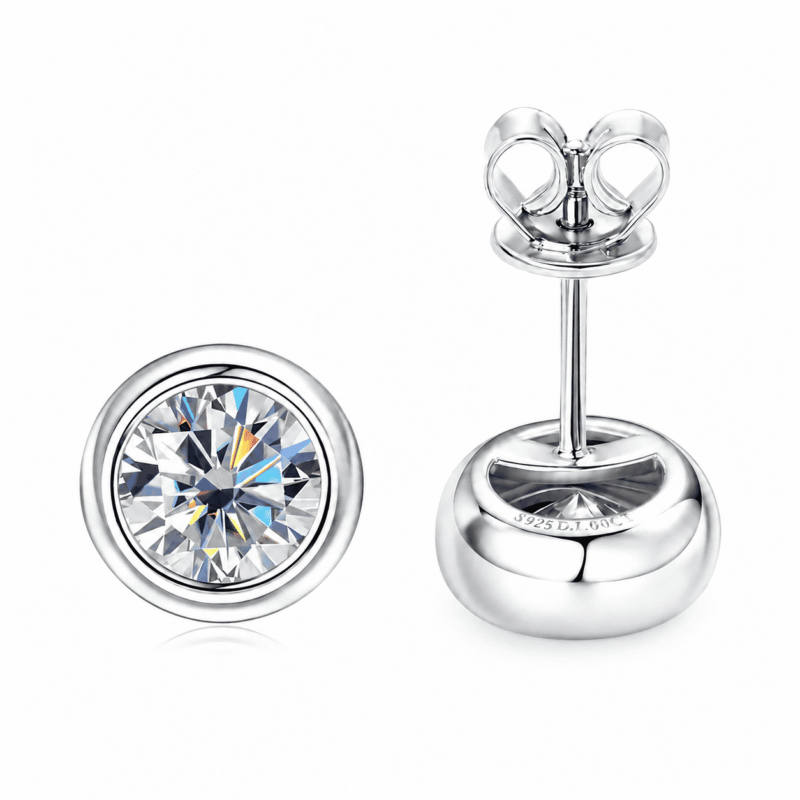 torvane-studs-silver-front-and-back-detail Front and back view of Torvane silver moissanite stud earrings with S925 marking