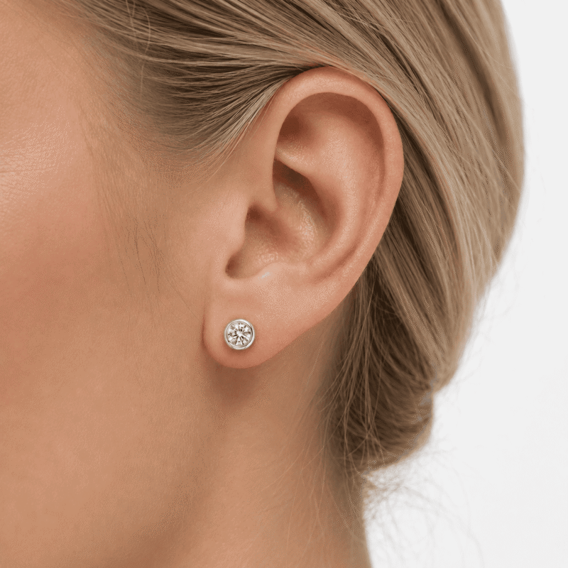 torvane-studs-silver-moissanite-earring-on-ear Torvane silver moissanite bubble stud earring in 925 sterling silver worn on the ear