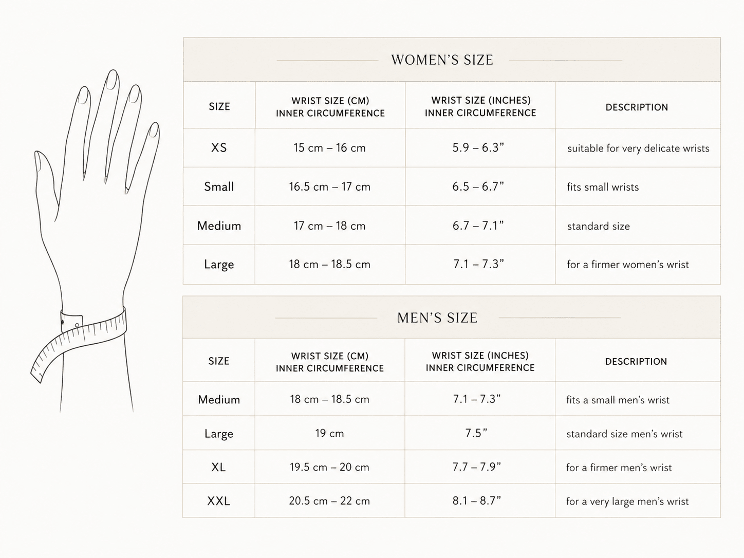 Glamavera bracelet size guide for women and men showing wrist measurements in centimetres and inches from XS to XXL