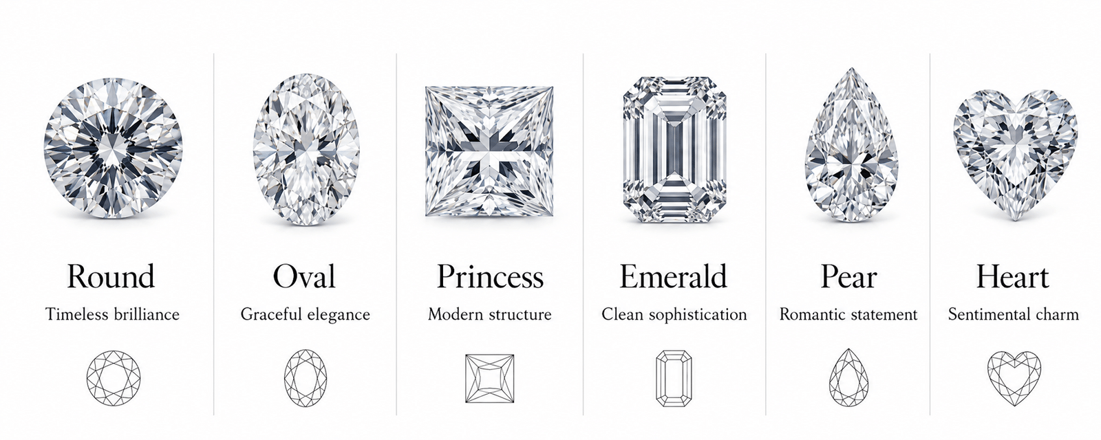 Glamavera stone shapes guide showing round, oval, princess, emerald, pear and heart cuts for jewelry